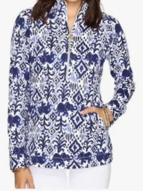 Lilly Pulitzer Blue White Ikat Elephant Skipper Pop-over Quarter Zip